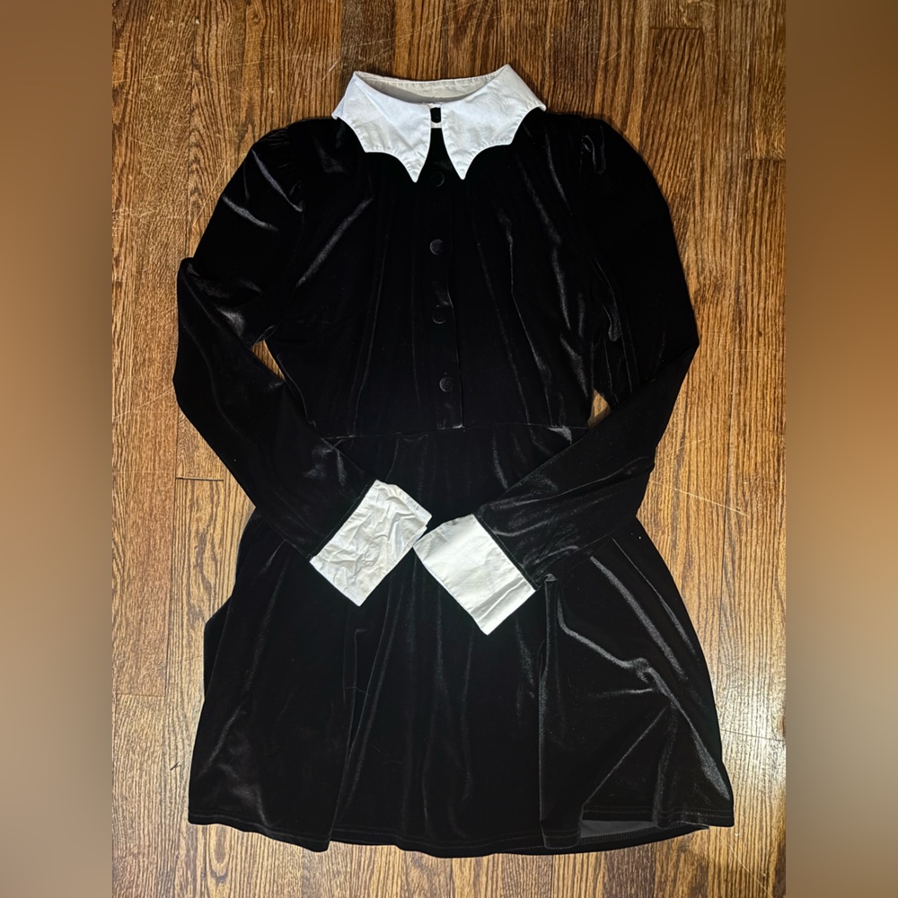 SOLD Black Velvet Dress with White Bat Collar and Cuffs